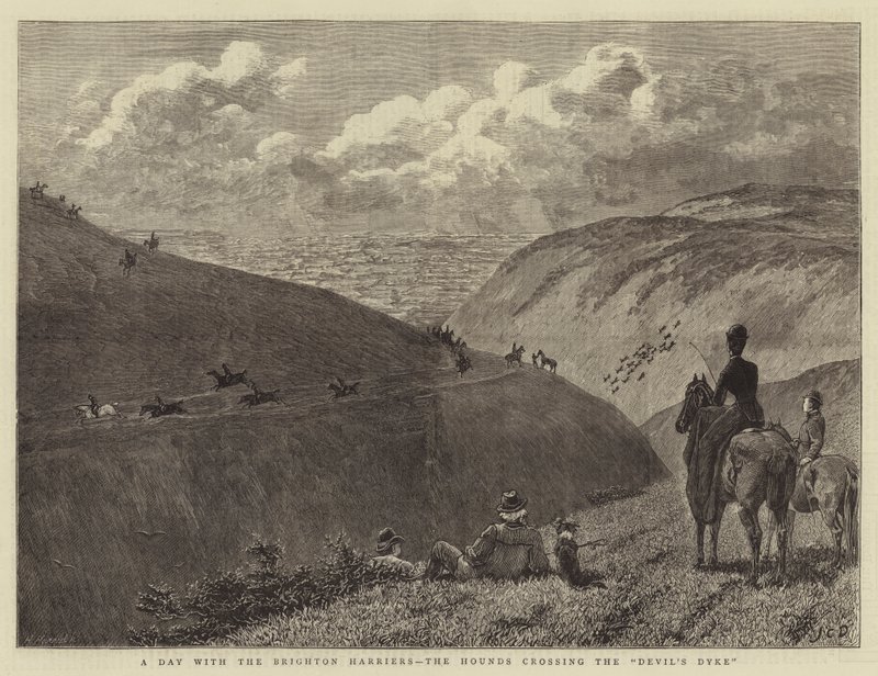 Dzień z Brighton Harriers, psy gończe przekraczające Diabelską Groblę autorstwa John Charles Dollman