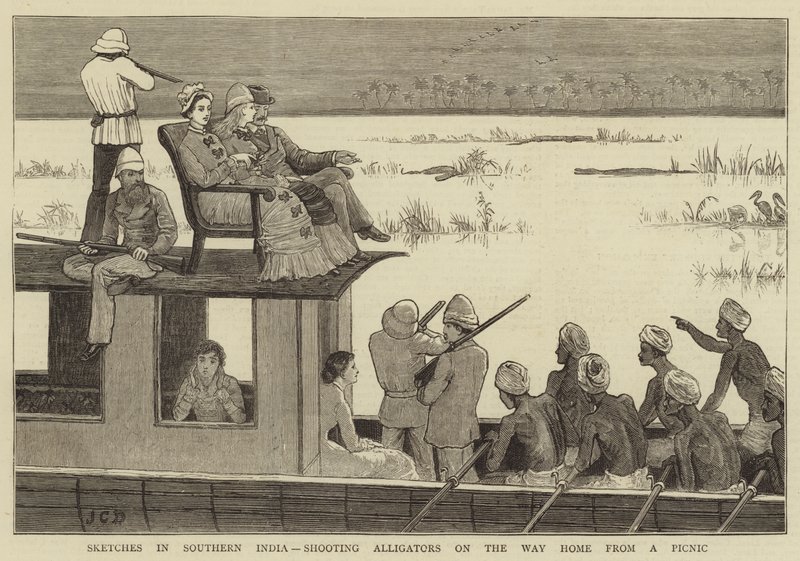 Szkice w południowych Indiach, strzelanie do aligatorów w drodze do domu z pikniku autorstwa John Charles Dollman