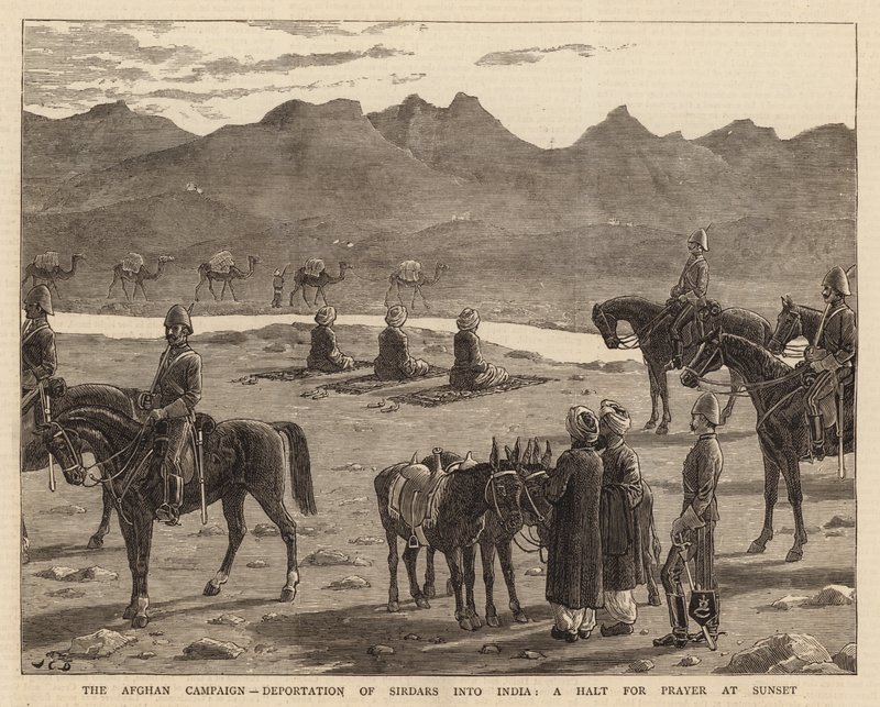 Kampania afgańska, deportacja Sirdarów do Indii, postój na modlitwę o zachodzie słońca autorstwa John Charles Dollman