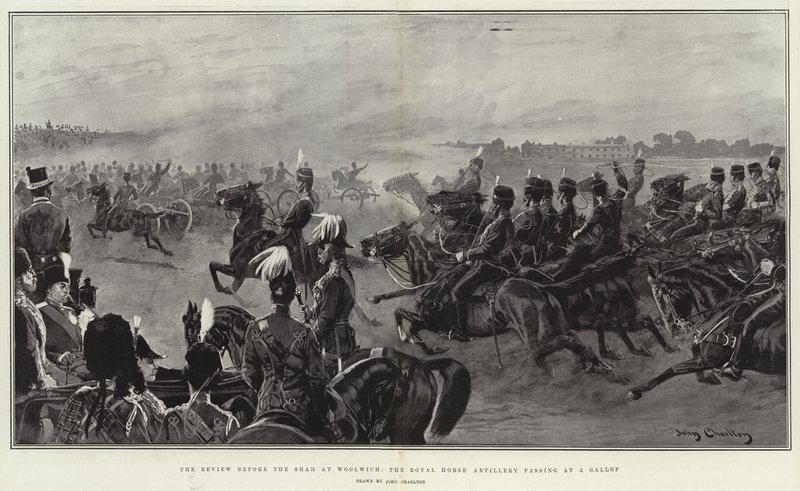 Przegląd przed szahem w Woolwich, Królewska Artyleria Konna przejeżdżająca w galopie autorstwa John Charlton