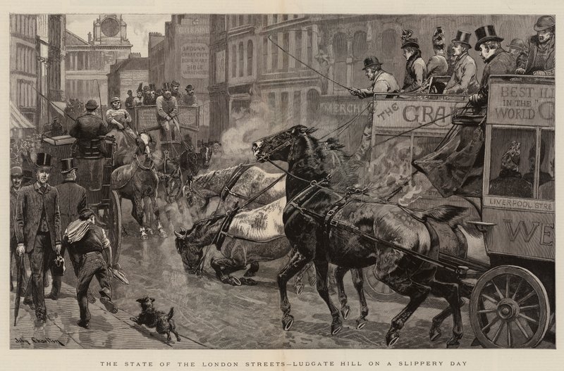 Stan londyńskich ulic, Ludgate Hill w śliski dzień autorstwa John Charlton