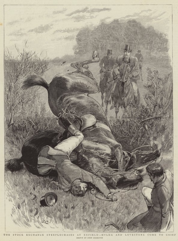 The Stock Exchange Steeplechases at Enfield, Hylda and Lovestone come to grief autorstwa John Charlton