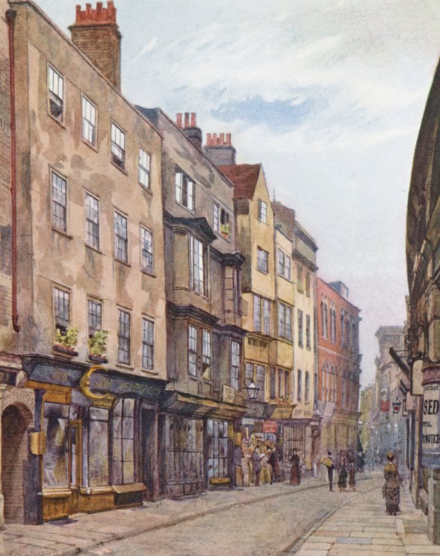 Zaginiony Londyn: Holywell Street, patrząc na zachód (kolorowa litografia) autorstwa John Crowther