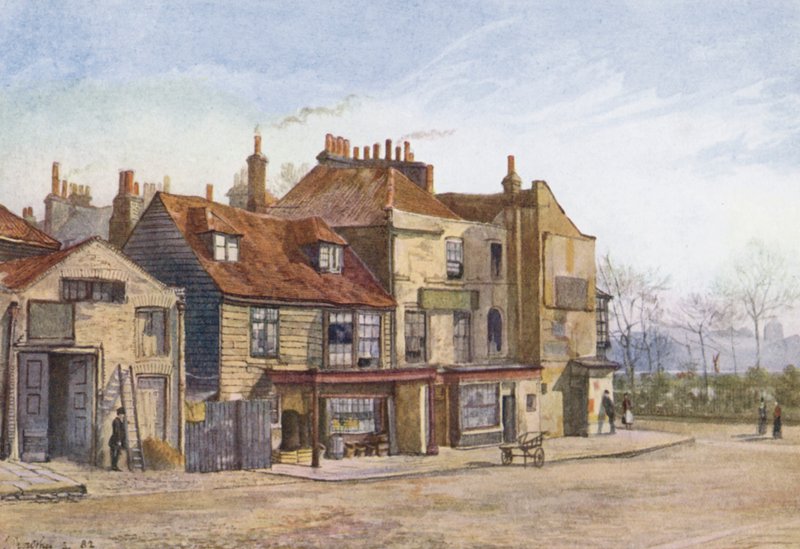 Zaginiony Londyn: Lawrence Street, Chelsea, południowo-wschodni narożnik (kolorowa litografia) autorstwa John Crowther