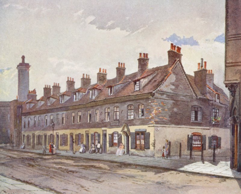 Zaginiony Londyn: Stare domy na Pye Street, Westminster (kolorowa litografia) autorstwa John Crowther