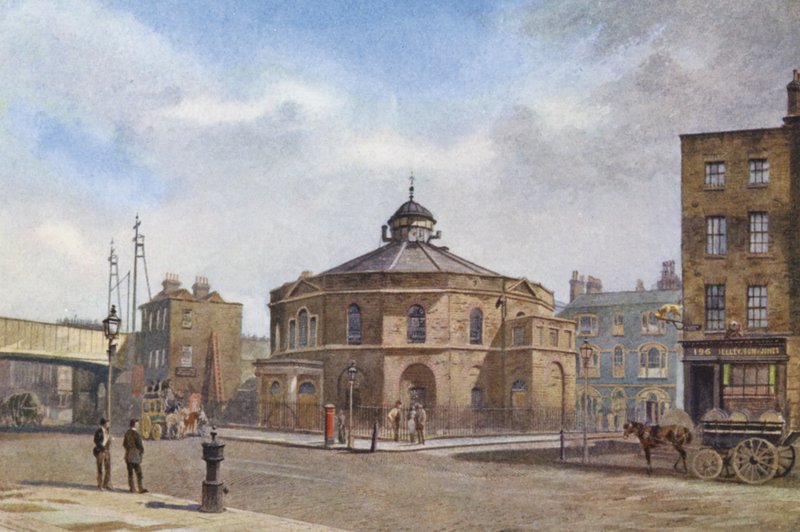 Zaginiony Londyn: The Surrey Chapel, Blackfriars Road (kolorowa litografia) autorstwa John Crowther