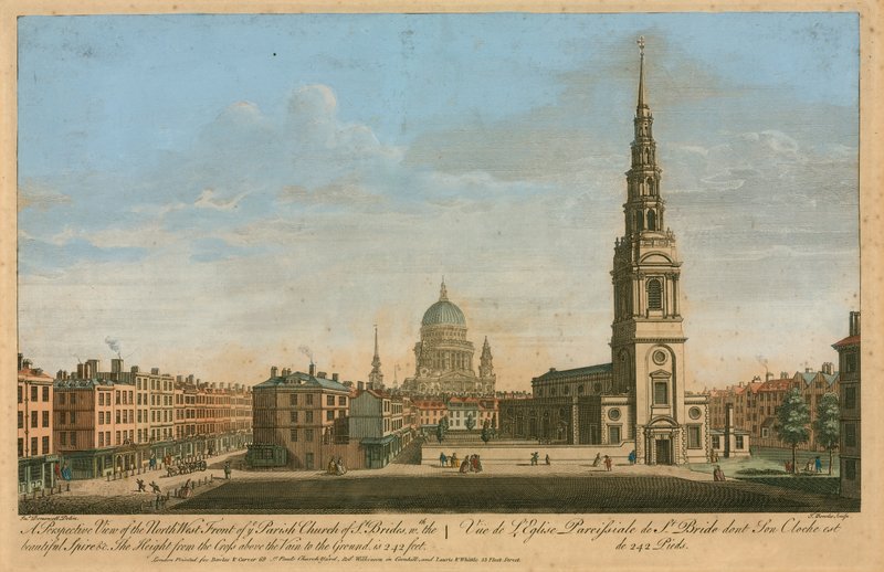 Perspektywiczny widok północno-zachodniego frontu kościoła parafialnego St Brides z piękną iglicą autorstwa John Donowell