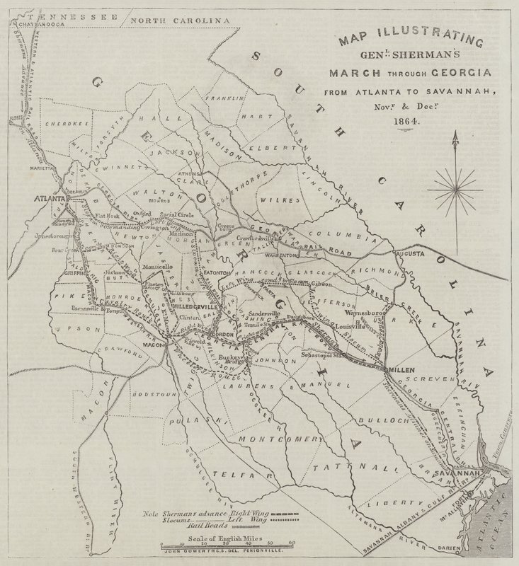 Mapa ilustrująca marsz generała Shermana przez Georgię z Atlanty do Savannah, listopad i grudzień 1864 autorstwa John Dower