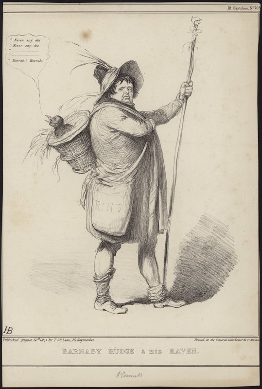 Barnaby Rudge i jego kruk, ilustracja z „Barnaby Rudge” Charlesa Dickensa, 1841 autorstwa John Doyle