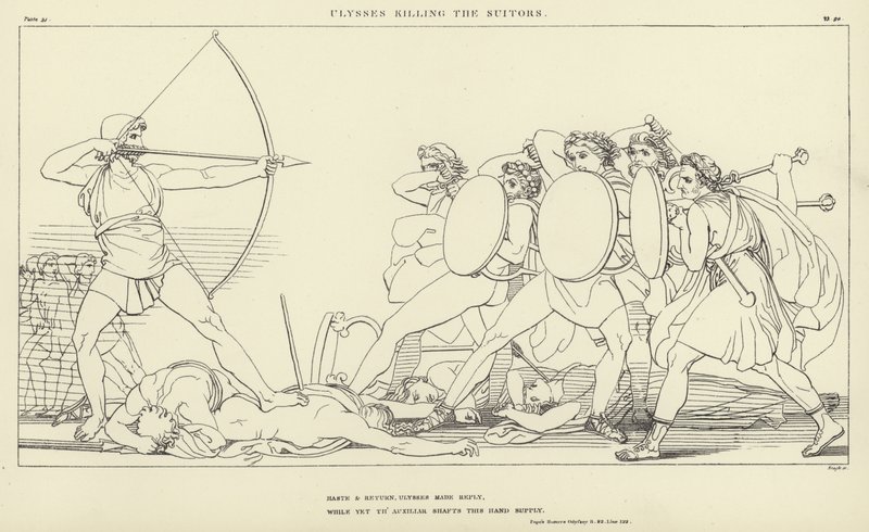 Odyseusz zabijający zalotników autorstwa John Flaxman