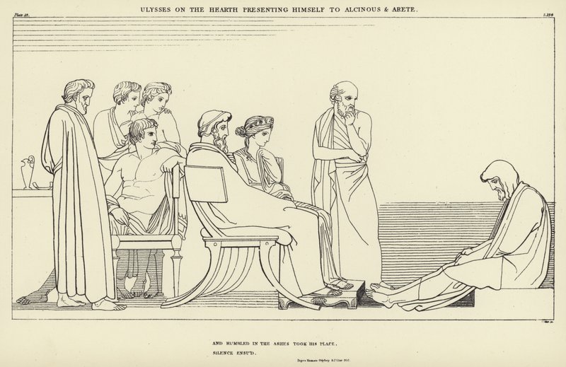 Ulisses na Ognisku przedstawia się Alcinousowi i Arete autorstwa John Flaxman