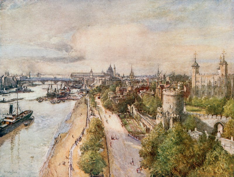Wieża, z Tower Bridge, patrząc na zachód autorstwa John Fulleylove