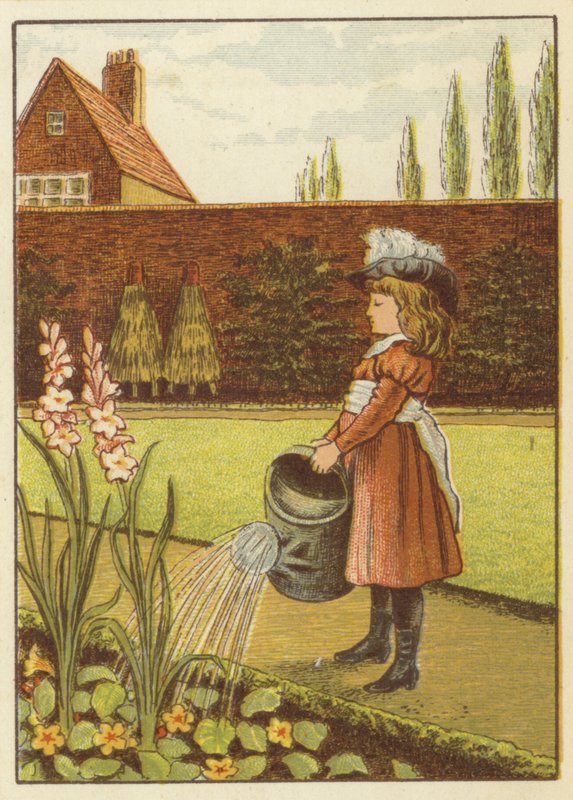 Dziewczyna podlewa ogródek (kolor lito) autorstwa John George (after) Sowerby