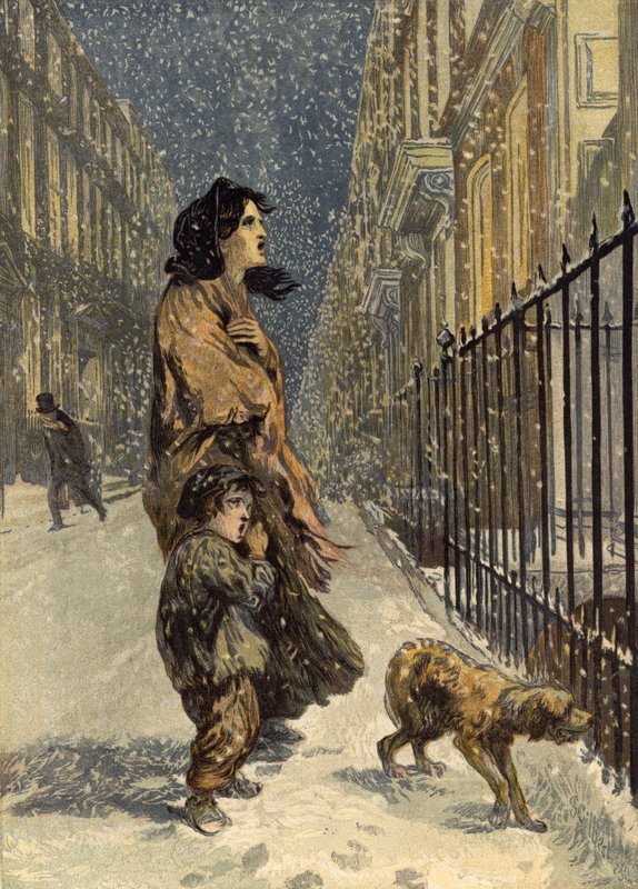 Bezdomni biedni, matka i dziecko z psem na śniegu (chromolitho) autorstwa John Gilbert