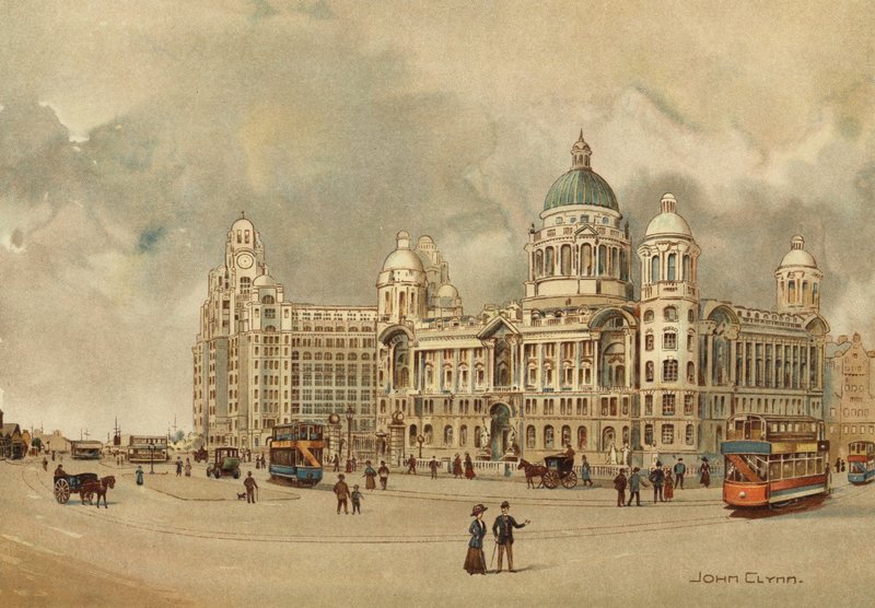 Liverpool: biura zarządu Mersey Docks and Harbor, The Liver Building, itp., Podejście do lądowania (kolor lito) autorstwa John Glynn
