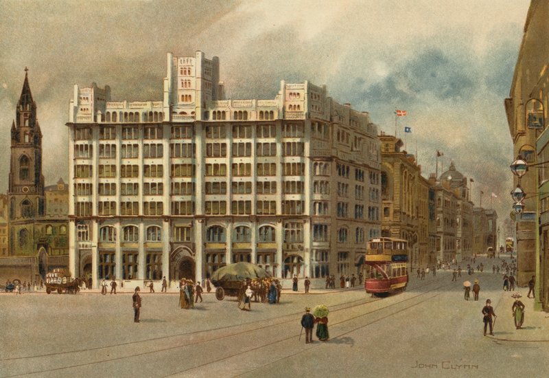 Liverpool: Tower Building i Water Street (kolor lito) autorstwa John Glynn