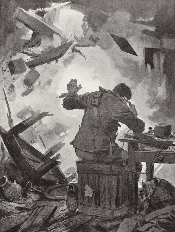 Bombardier WH French kończy swoją wiadomość po tym, jak pocisk przeleciał przez pokój, w którym dzwonił, Helpegarde, I wojna światowa autorstwa John Harris Valda