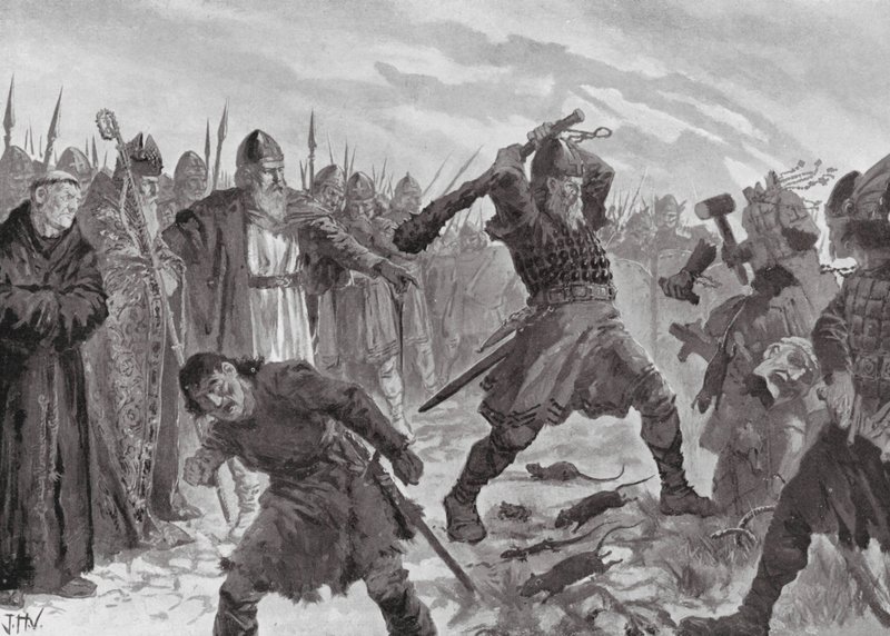 Król Olav Święty łamiący wizerunek boga Mora autorstwa John Harris Valda