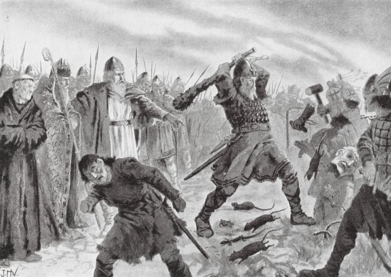 Król Olav Święty łamiący wizerunek boga Mora autorstwa John Harris Valda