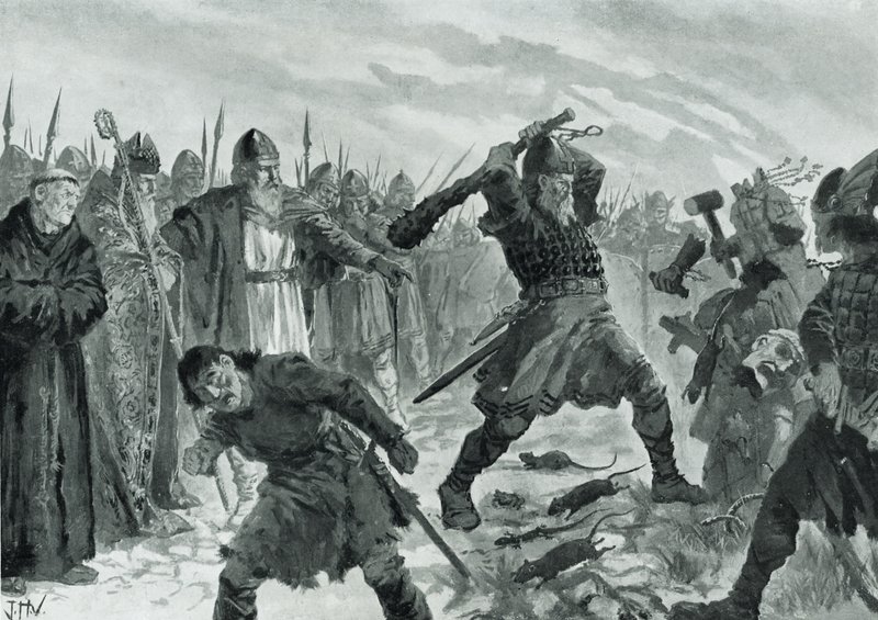 Król Olav Święty łamiący wizerunek Boga Mor autorstwa John Harris Valda