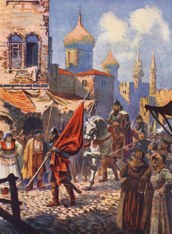Powrót Iwana Groźnego do Moskwy po zdobyciu Kazania (kolorowa litografia) autorstwa John Harris Valda