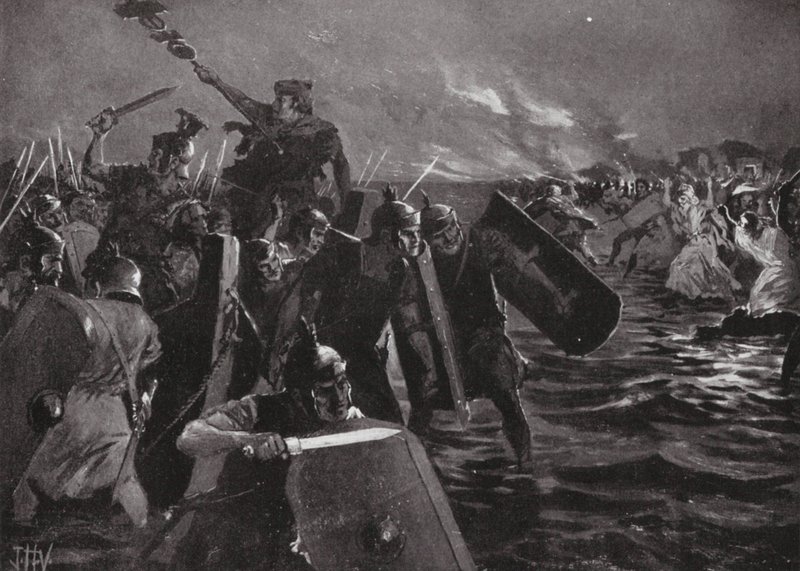 Rzymski atak na Anglesea (litografia) autorstwa John Harris Valda