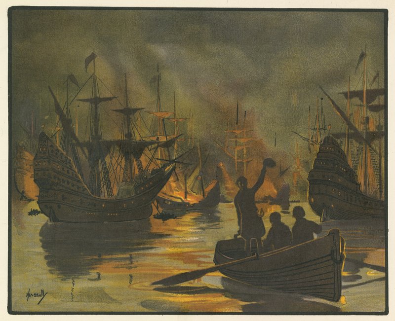 Niezwyciężona Armada zaatakowana przez statki ogniowe (kolor lito) autorstwa John Hassall