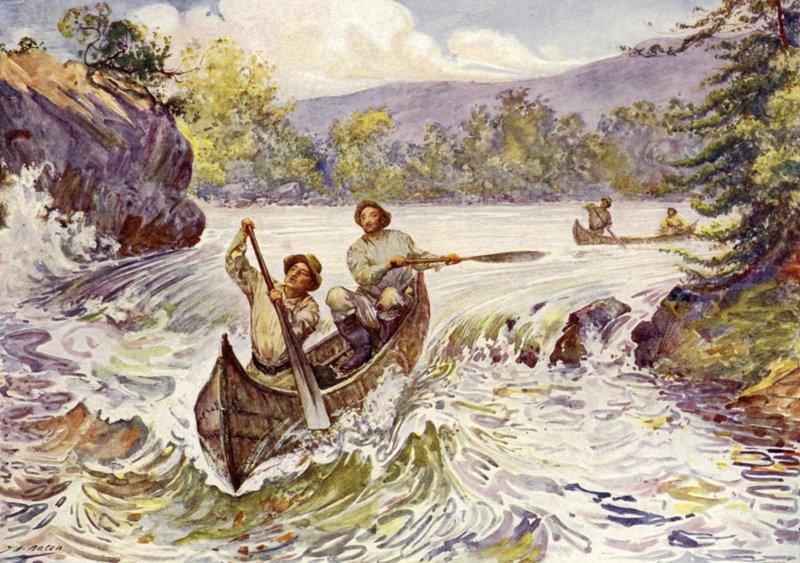 Kanadyjczycy pokonujący rwące rzeki w kajakach (litografia kolorowa) autorstwa John Henry Frederick (after) Bacon