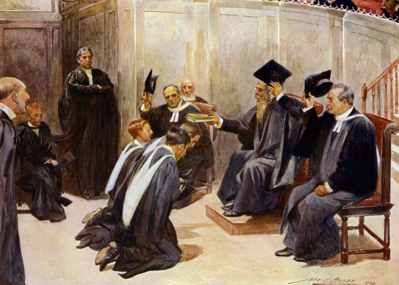 Nadawanie stopni naukowych w Sheldonian Theatre w Oksfordzie (kolor lito) autorstwa John Henry Frederick (after) Bacon