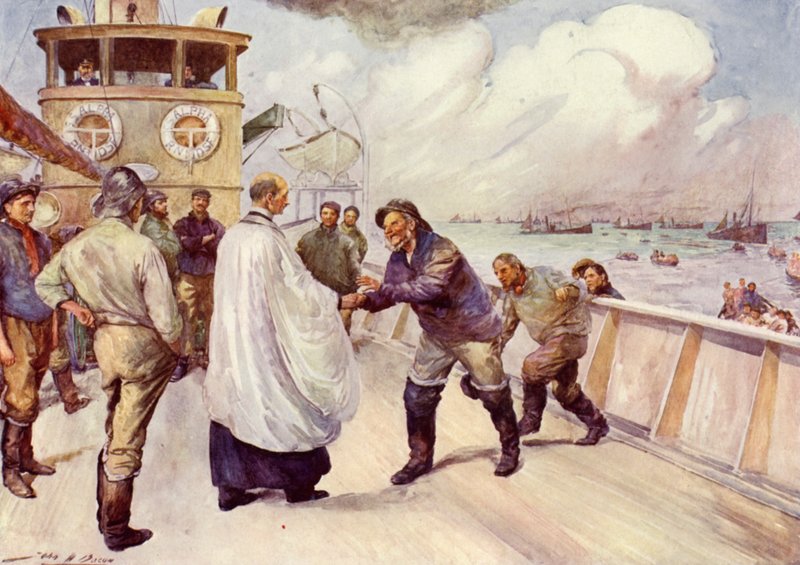 Rybacy z floty rybackiej Morza Północnego zbierają się na cześć (kolor lito) autorstwa John Henry Frederick (after) Bacon
