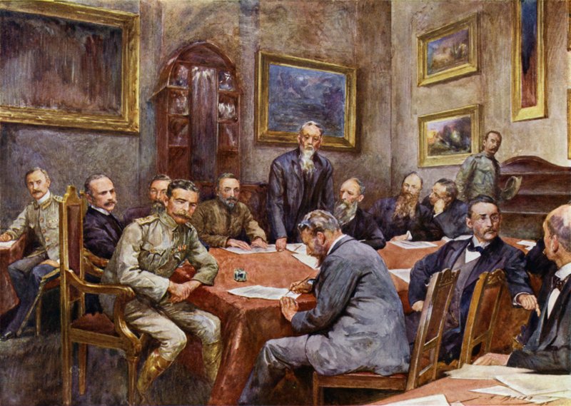 Podpisanie traktatu pokojowego w Pretorii (kolor lito) autorstwa John Henry Frederick (after) Bacon