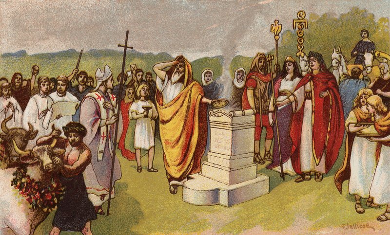 Konstantyn Wielki składa ofiarę na przybycie pierwszych chrześcijan, York, 306 (chromolitho) autorstwa John Jellicoe