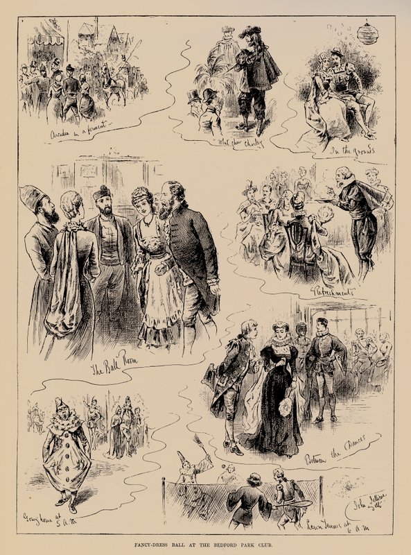 Bal przebierańców w klubie Bedford Park (grawerunek) autorstwa John Jellicoe