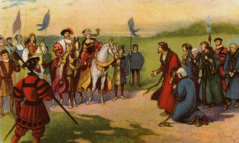 Król Henryk VIII i Katarzyna Howard przybywający do Yorku po Pielgrzymce Łaski 1541 (chromolitho) autorstwa John Jellicoe