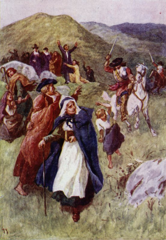 Żołnierze odpędzający ludzi, którzy spotkali się, by modlić się na szkockich wzgórzach (kolor lito) autorstwa John Jellicoe
