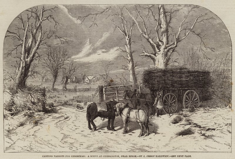 Wożenie pagonów na Boże Narodzenie, scena w Chessington, niedaleko Epsom autorstwa John Jessop Hardwick