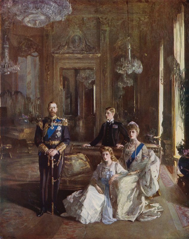 Król Jerzy V, Królowa Maria, Książę Walii i Księżniczka Maria w Białym Saloniku, Pałac Buckingham, Londyn, 1913 autorstwa John Lavery