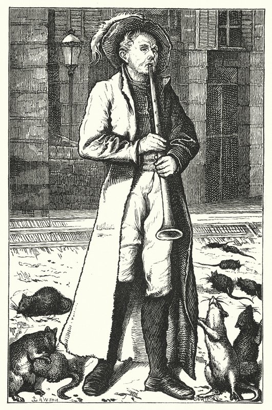 Poezja: Pied Piper of Hamelin (kolorowa rycina) autorstwa John Lawson