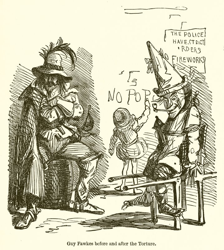 Guy Fawkes przed i po torturach autorstwa John Leech