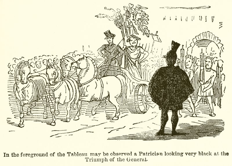 Na pierwszym planie Tableau można zauważyć patrycjusza, który patrzy na triumf generała w bardzo czarnych barwach. autorstwa John Leech