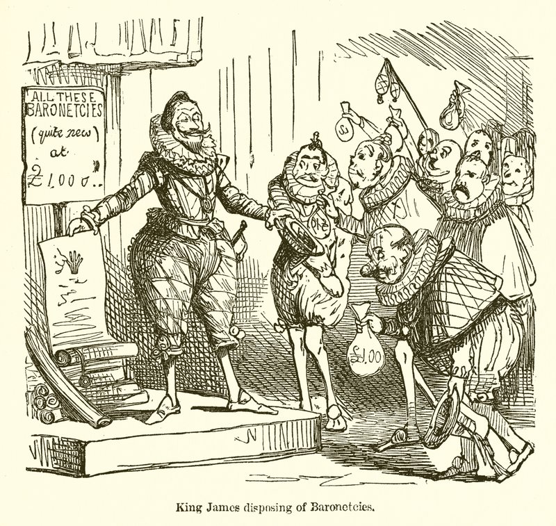 Król Jakub pozbywa się baronet autorstwa John Leech