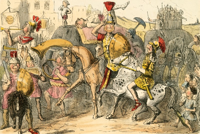 Pyrrhus przybywa do Włoch ze swoją trupą autorstwa John Leech