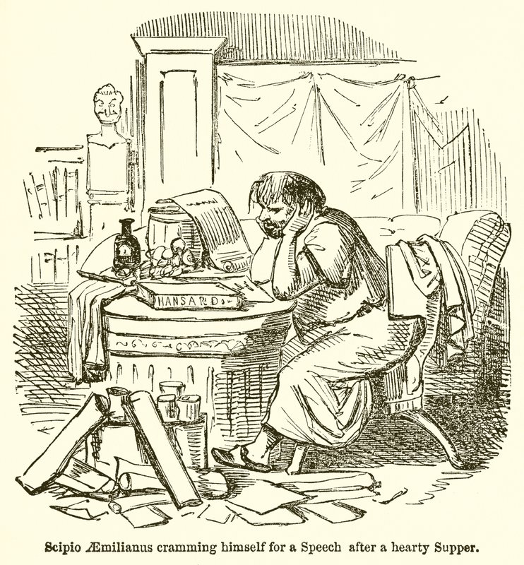 Scypion Aemilianus wkuwa się w mowę po obfitej kolacji autorstwa John Leech