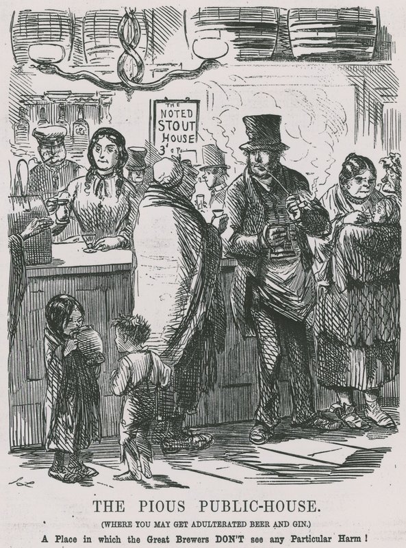 The Pobożny Dom Publiczny, gdzie można dostać zafałszowane piwo i gin autorstwa John Leech