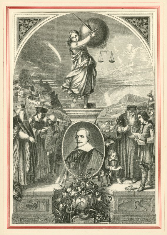 Portret Kotów Jakubowych, pod alegoryczną postacią Sprawiedliwości Uniwersalnej (rycina) autorstwa John Leighton