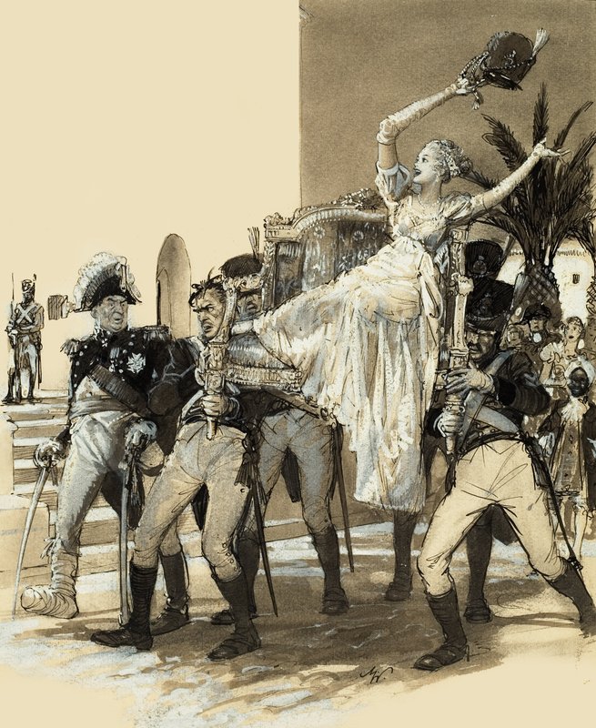Dziewczyna niesiona przez żołnierzy (gwasz na papierze) autorstwa John Millar Watt
