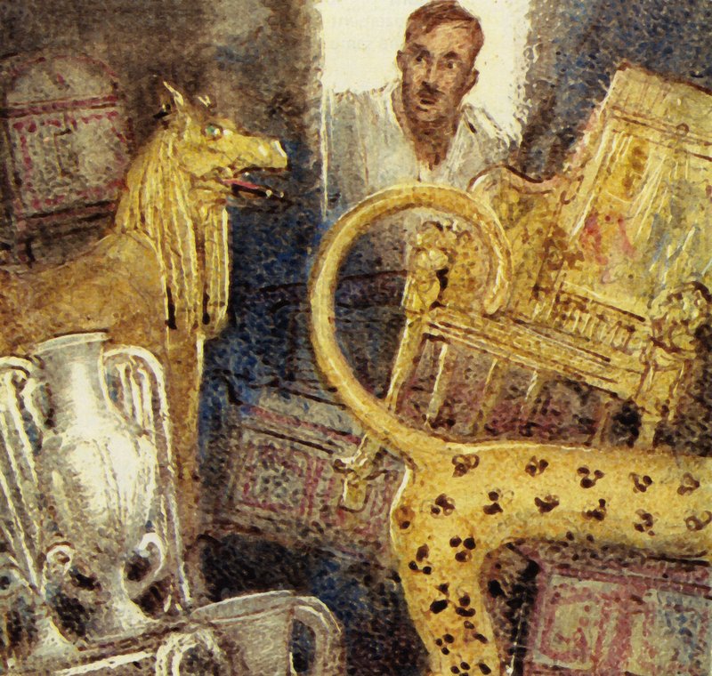 Howard Carter odkrył zaginioną komorę grobową Tutenchamona (kolorowa litografia) autorstwa John Millar Watt