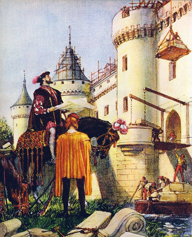 Król Francji Franciszek I nadzorujący budowę zamków (kolorowa litografia) autorstwa John Millar Watt