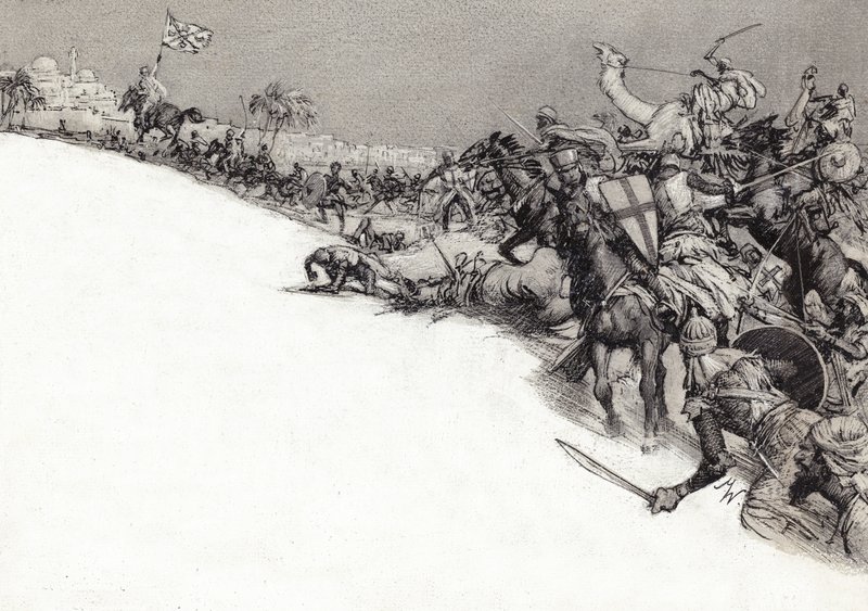 Saraceni atakujący Jerozolimę (gwasz na papierze) autorstwa John Millar Watt