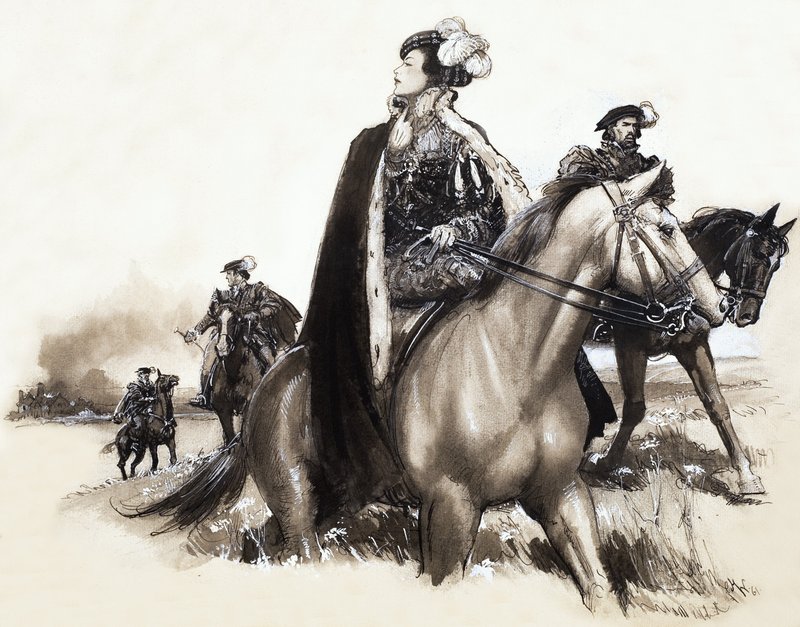 Niezidentyfikowana królowa opuszczająca dymiące miasto pod eskortą autorstwa John Millar Watt